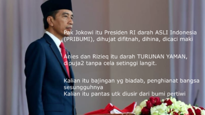 BiLLRaY2019's tweet photo. Pak Jokowi itu Presiden RI darah ASLI Indonesia (PRIBUMI), dihujat difitnah, dihina, dicaci maki

Anies, Rizieq itu darah TURUNAN YAMAN, dipuja2 tanpa cela setinggi langit

Klean itu bajingan yg biadab, penghianat bangsa sesungguhnya

Klean itu pantas utk diusir dari bumi pertiwi https://t.co/0fMh74mii4