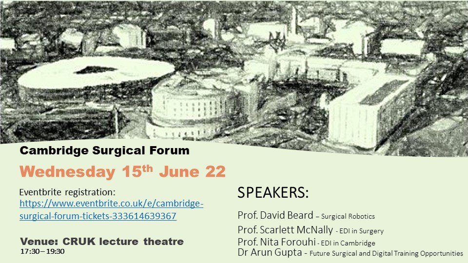 Anita Balakrishnan (@hpbcambridge) on Twitter photo Delighted to announce that the next Cambridge Surgical Forum meeting will be face-to-face at the CRUK Lecture Theatre! Some brilliant speakers lined up - join us on 15th June 2022 17:30 <a href="/scarlettmcnally/">Prof Scarlett McNally</a> <a href="/Cambridge_Uni/">Cambridge University</a> <a href="/CUH_NHS/">Cambridge University Hospitals NHS</a> <a href="/RCSnews/">The Royal College of Surgeons of England</a>
Register below:
eventbrite.co.uk/e/cambridge-su… Delighted to announce that the next Cambridge Surgical Forum meeting will be face-to-face at the CRUK Lecture Theatre! Some brilliant speakers lined up - join us on 15th June 2022 17:30 <a href="/scarlettmcnally/">Prof Scarlett McNally</a> <a href="/Cambridge_Uni/">Cambridge University</a> <a href="/CUH_NHS/">Cambridge University Hospitals NHS</a> <a href="/RCSnews/">The Royal College of Surgeons of England</a>
Register below:
eventbrite.co.uk/e/cambridge-su…