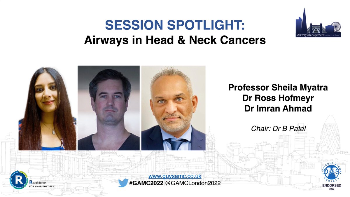 Today the #GAMC2022 spotlight is on <a href="/SheilaMyatra/">Sheila Myatra</a> <a href="/rosshofmeyr/">Ross Hofmeyr</a> and <a href="/dr_imranahmad/">Imran Ahmad</a>  who will be talking about "Airways in Head and Neck Cancers". Another fantastic faculty line up! #DontMissOut #GetRegistered

📑 bit.ly/GAMC2022_Draft
📅 16 - 17th June
🎫bookcpd.com/course/gamc2022