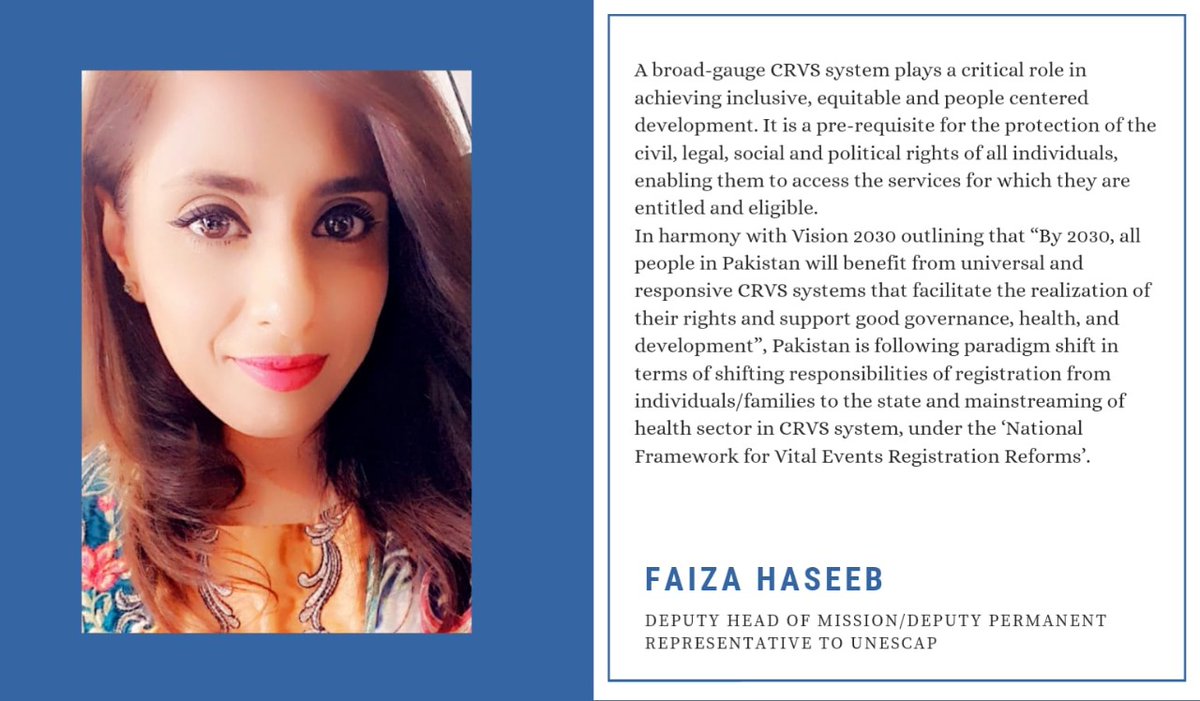 TSU_CRVS's tweet photo. Message from : Ms #Faiza_Haseeb, Deputy Head of Mission/Deputy Permanent Representative to @UNESCAP .
A broad-gauge #CRVS_system plays a critical role in achieving inclusive, equitable and people centered development. π
#CS78 @PlanComPakistan https://t.co/8I80BmtRPt