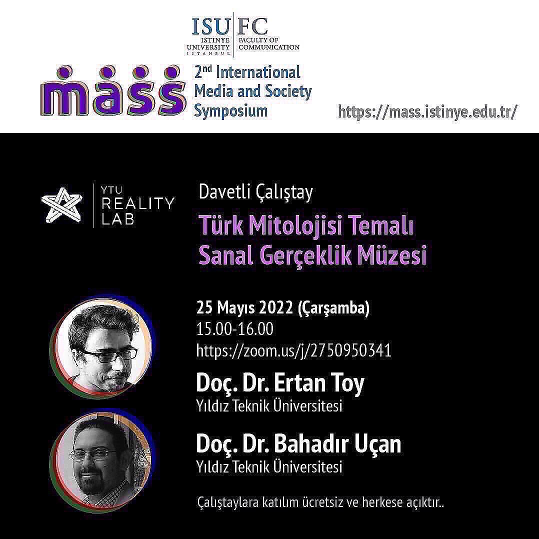 Bugün İstinye Üniversitesi’nin düzenlediği II. Uluslararası Medya ve Toplum Sempozyumu’nda  @yturealitylab bünyesinde geliştirmekte olduğumuz Türk Mitolojisi temalı sanal gerçeklik müzesiyle ilgi çalışmalarımızı sunacağız. Zoom adresinden katılım sağlayabilirsiniz. #metaverse