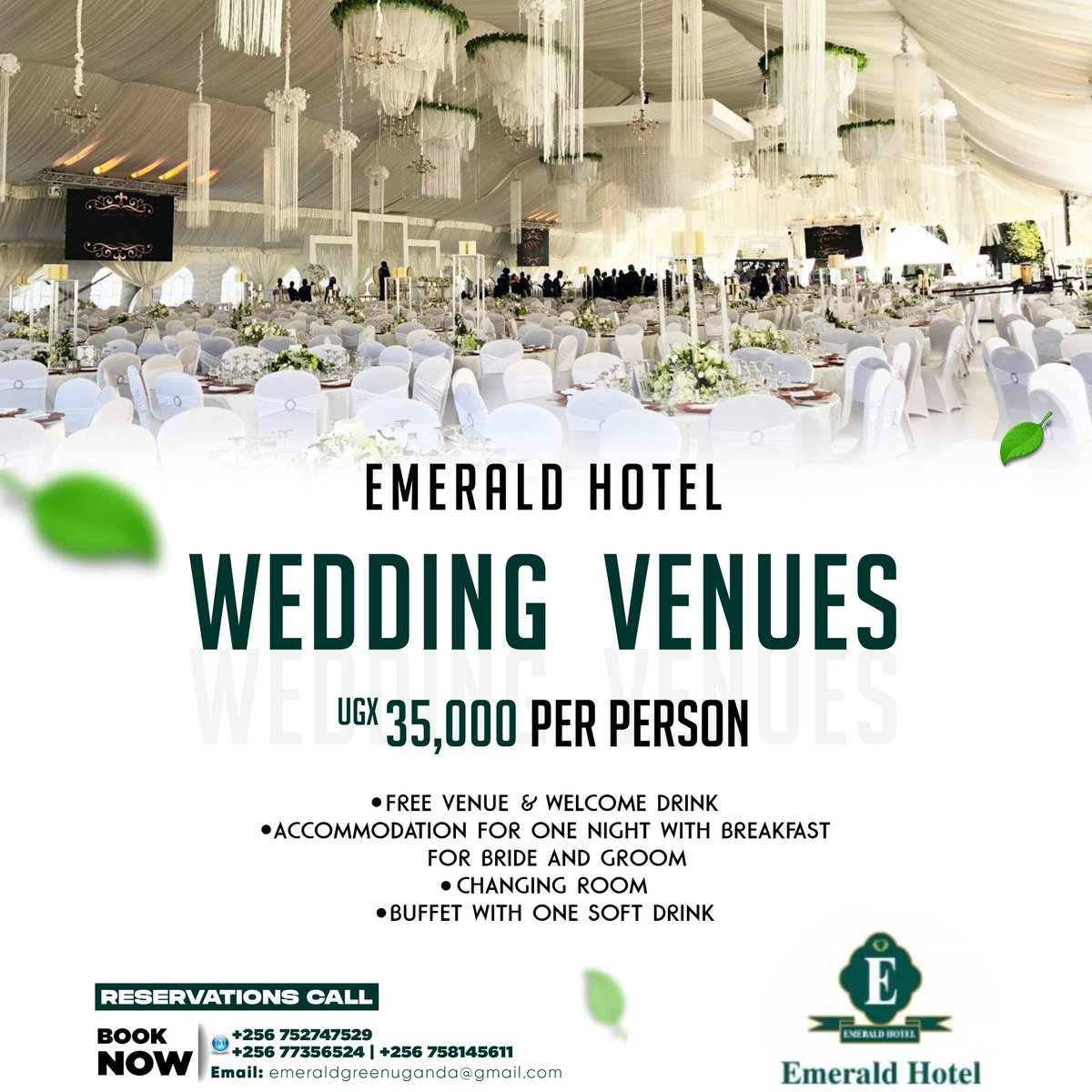 EmeraldHotelkla's tweet photo. Have you visited the Emerald Hotel Kampala?

We host weddings, graduation parties, birthday parties, baby showers, and more. We offer you a free venue and you only pay for the food and a drink! 

Call us today for your quotation! https://t.co/qP6yuQSvya