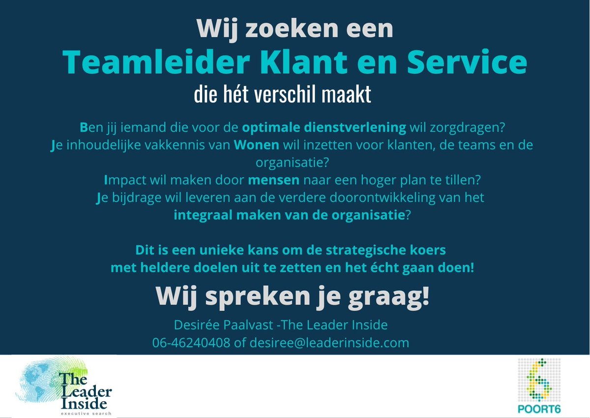 theleaderinside's tweet photo. #WIJ zoeken een TEAMLEIDER KLANT EN SERVICE voor #woningcorporatie POORT6. Wil je bijdrage aan ontwikkeling van mensen, zorgdragen voor optimale dienstverlening, integraal maken van organisatie?
Neem contact op met @DesireePaalvast #vacture #team #arbeidsmarkt #sociaal #samen https://t.co/h0vFnymTRe