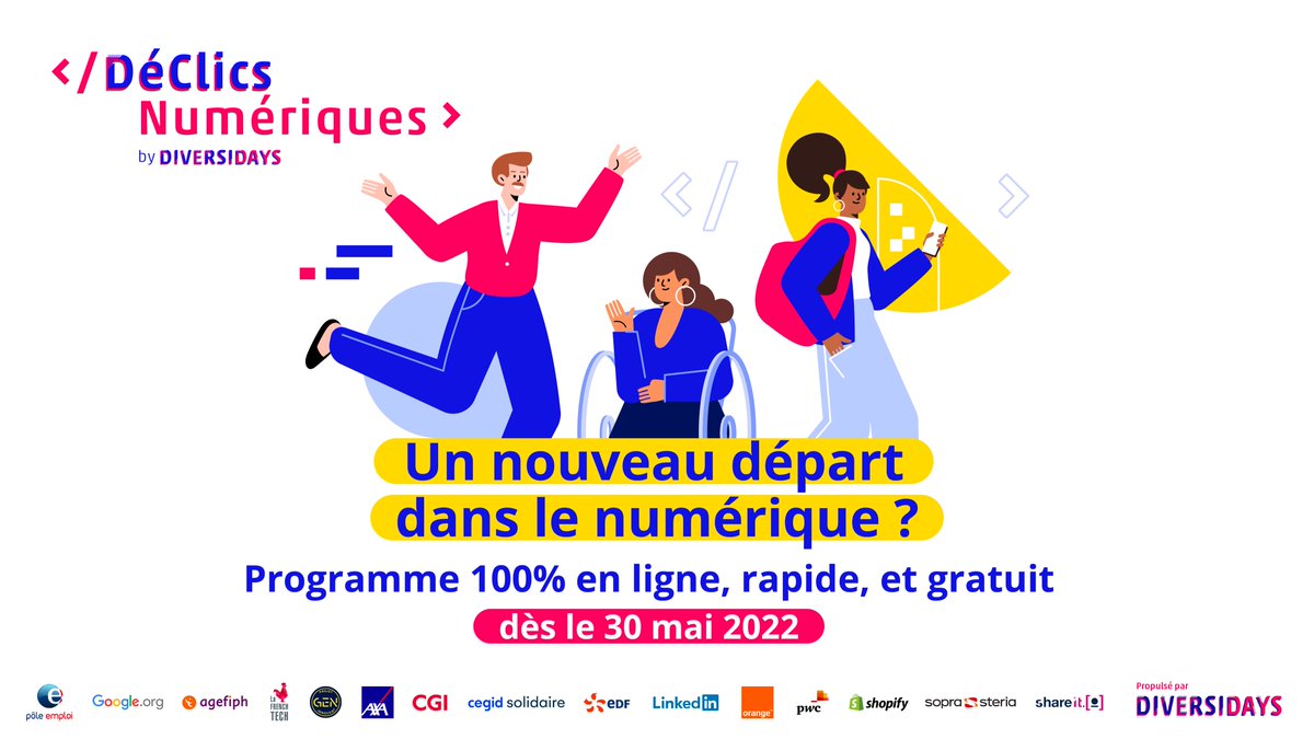 J-5 avant le lancement de l’édition nationale de #DéClicsNumériques 🚀<a href="/Diversidays/">Diversidays</a>  

@pole_emploi est partenaire de cet événement exceptionnel dédié à la #ReconversionProfessionnelle dans le #numérique. 

Plus d'informations➡️declics-numeriques.com
<a href="/Agefiph_/">Agefiph</a>  <a href="/LaFrenchTech/">La French Tech</a> <a href="/GEN/">Gen Kanai ｜</a>