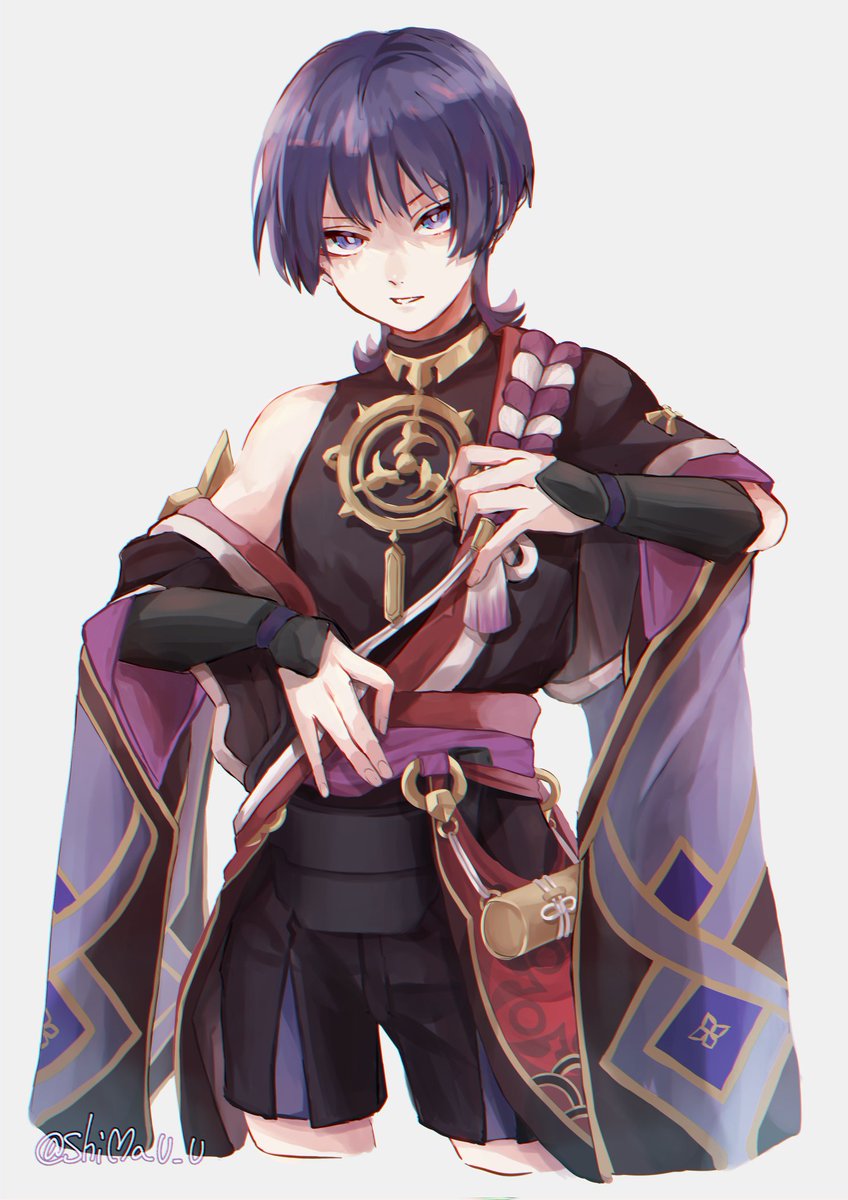 scaramouche (genshin impact) 1boy male focus solo purple hair purple eyes japanese clothes shorts  illustration images