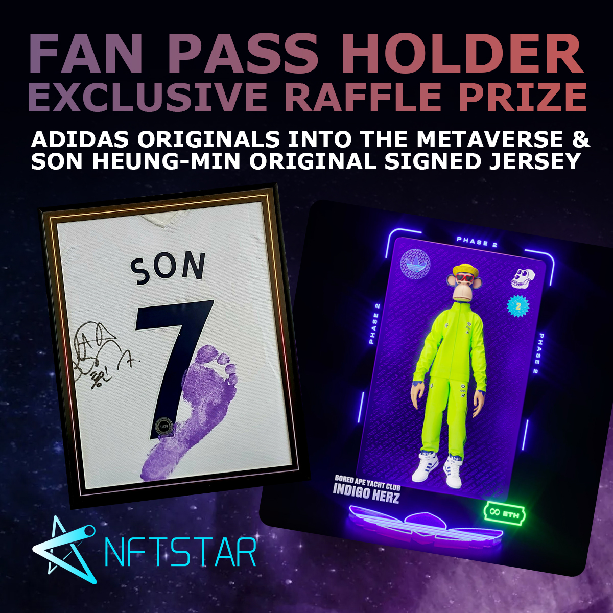 THENFTSTAR's tweet photo. 2 of 777 holders to win:

🦧#MAYC #126
⚽️@adidasoriginals Into the Metaverse NFT
💙Super hit #Goldenboot winner @Sonny7 's original jerseys

Let's go apeeeeee!!!!😎 https://t.co/o89W3mU6Pc