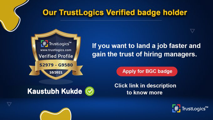 TrustLogics verified badge holder!!
#trustLogics #verifiedprofiles #job #jobseeker #badge #badgeholder #apply #register #jobsfaster #hiring #career #careertips #careercoach #availopportunity #trust #jobseekers #trustlogicsbadge