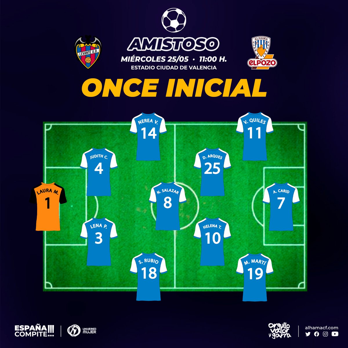 ⚽ 𝕆ℕℂ𝔼 𝕀ℕℂ𝕀𝔸𝕃

👉 Este es el cuadro titular de @randriACF para el encuentro frente al <a href="/LUDfemenino/">Levante UD Femenino</a> que acaba de comenzar.

#LevanteAlhama #AlhamaEsDePrimera
#OrgulloValorYGarra #ACF