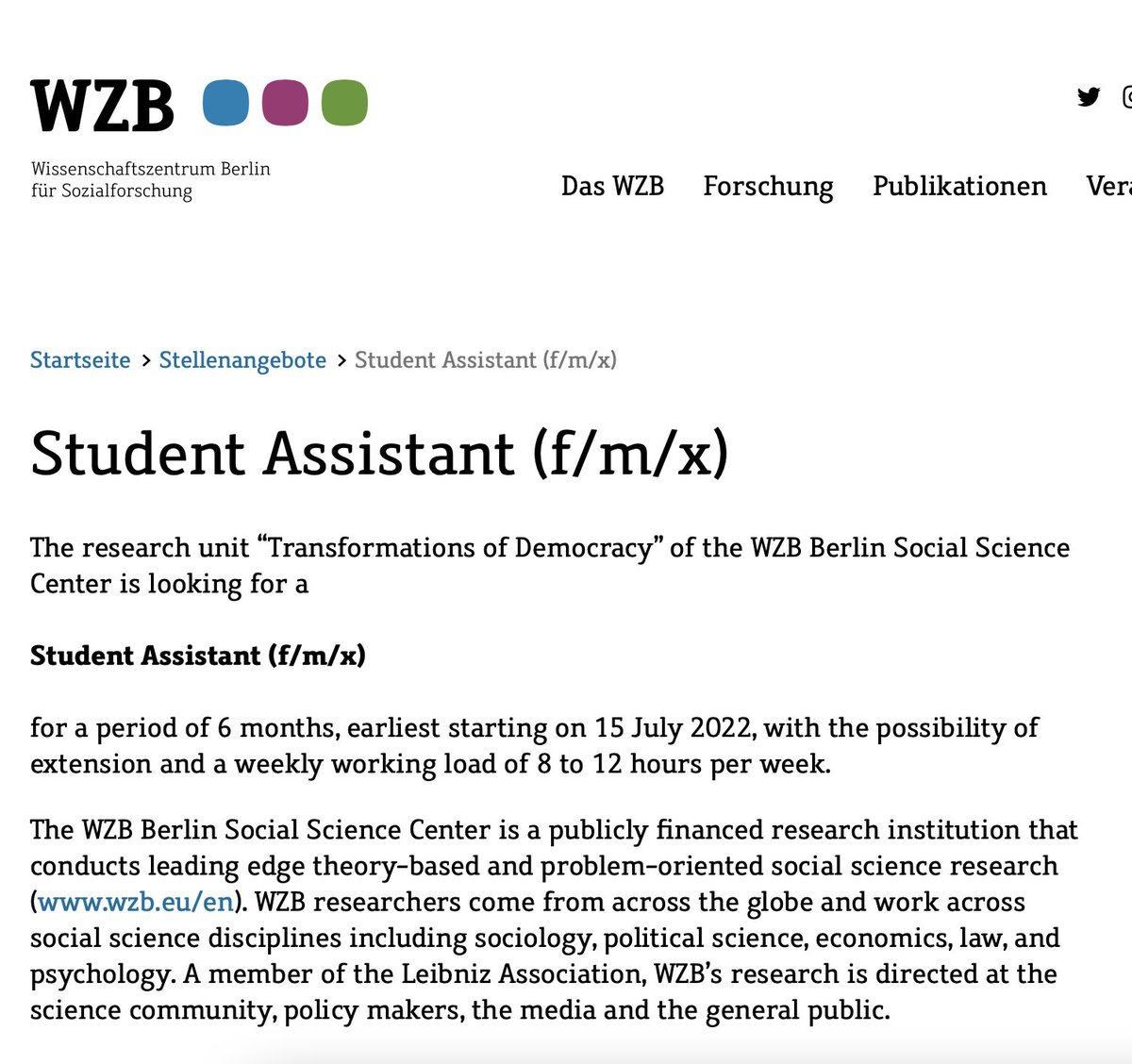 We’re hiring a Student Assistant!
Apply until May 31 if you’re interested in Democracy Research and/or Data Analysis.
 
wzb.eu/de/node/73394