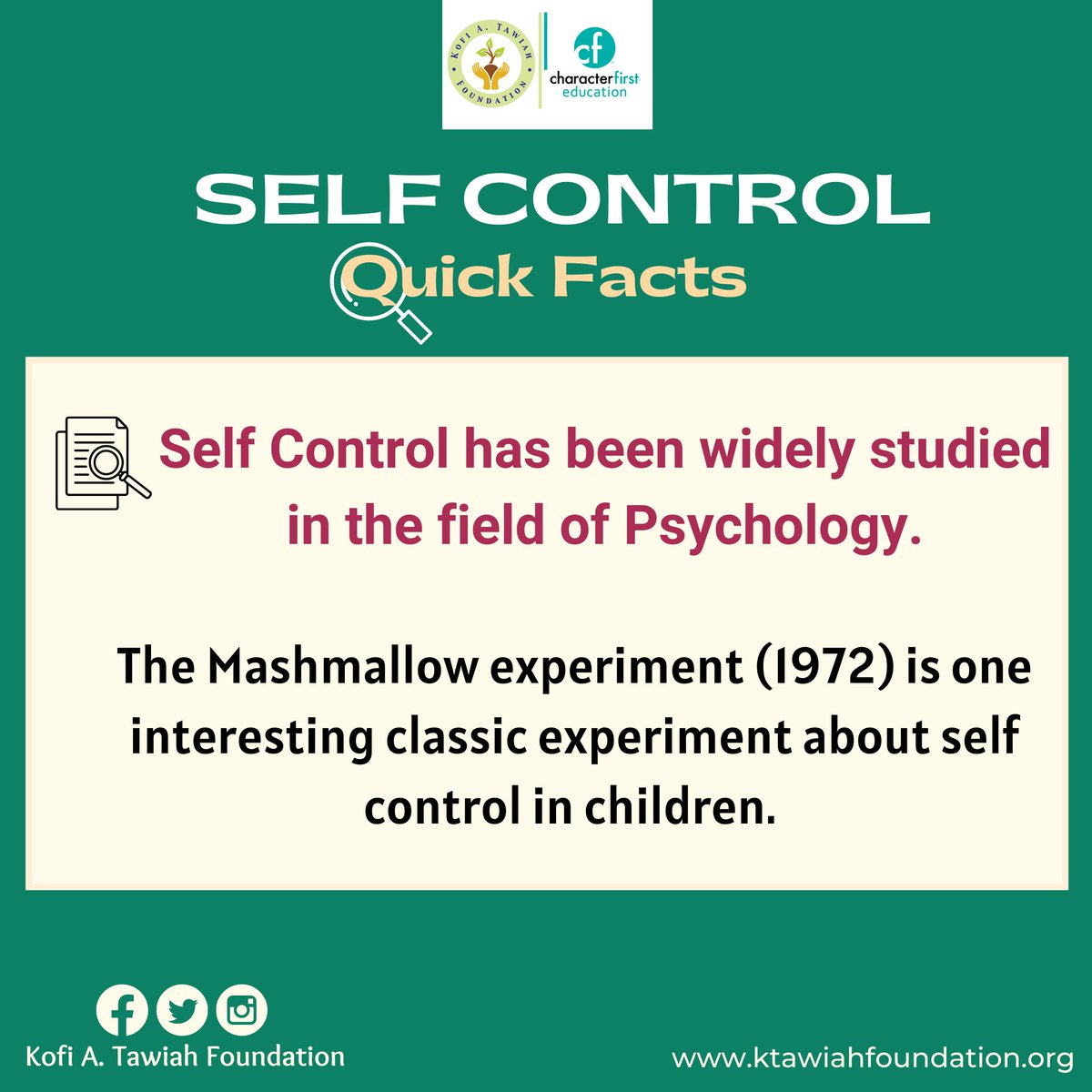 KofiATawiahfdn's tweet photo. Self-control is to delay short-term gratification in favour of long-term benefits. What do you know about this trait? Share your thoughts on these interesting facts about Self-Control!
#SelfControl
#SelfControlisKey
#CharacterEducation
#CharacterfirstEducation
@KofiATawiahfdn https://t.co/2iDal4NvO9