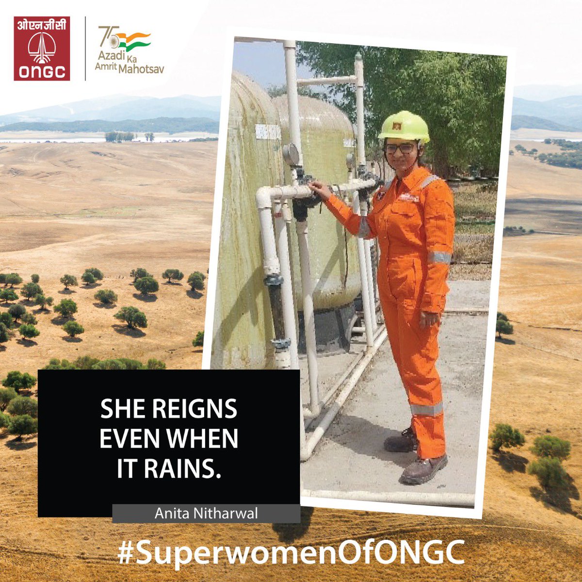 Meet #SuperwomanOfONGC <a href="/AnitaNitharwal1/">Anita Nitharwal</a> - Engineer in Mehsana oilfield. The #ONGC Superwoman asserts, “The all-pervading blazing sun of North Gujarat couldn't stop me, what else can?” #GenderEquality #SuperwomenOfONGC #YouAreEnergy
<a href="/PetroleumMin/">Ministry of Petroleum and Natural Gas #MoPNG</a> <a href="/HardeepSPuri/">Hardeep Singh Puri</a> <a href="/Rameswar_Teli/">Rameswar Teli</a>