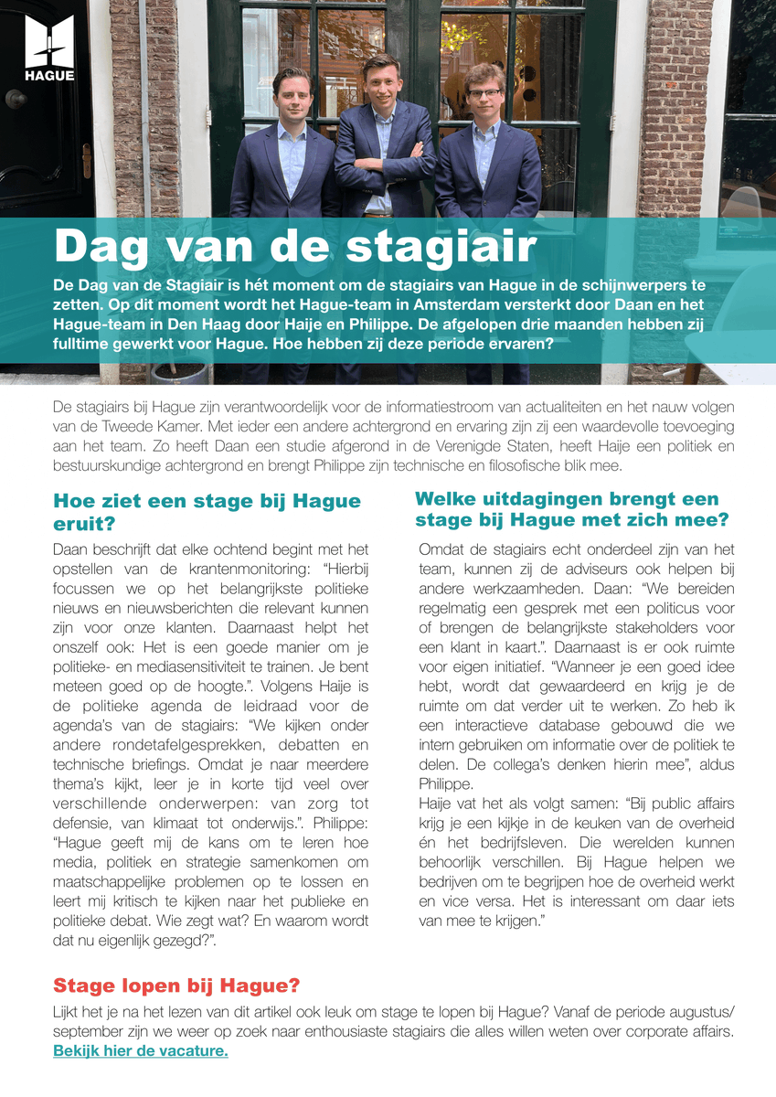 HagueCA's tweet photo. Vandaag is de Dag van de Stagiair. Bij Hague zijn stagiairs een waardevolle toevoeging van het team. Op dit moment wordt het team versterkt door @DaanSnellink, @HaijeDijkstra en @phvanmastrigt. Hoe hebben zij hun eerste maanden ervaren? Lees het hier: https://t.co/f2xjCReejO https://t.co/bWOWR65O8v