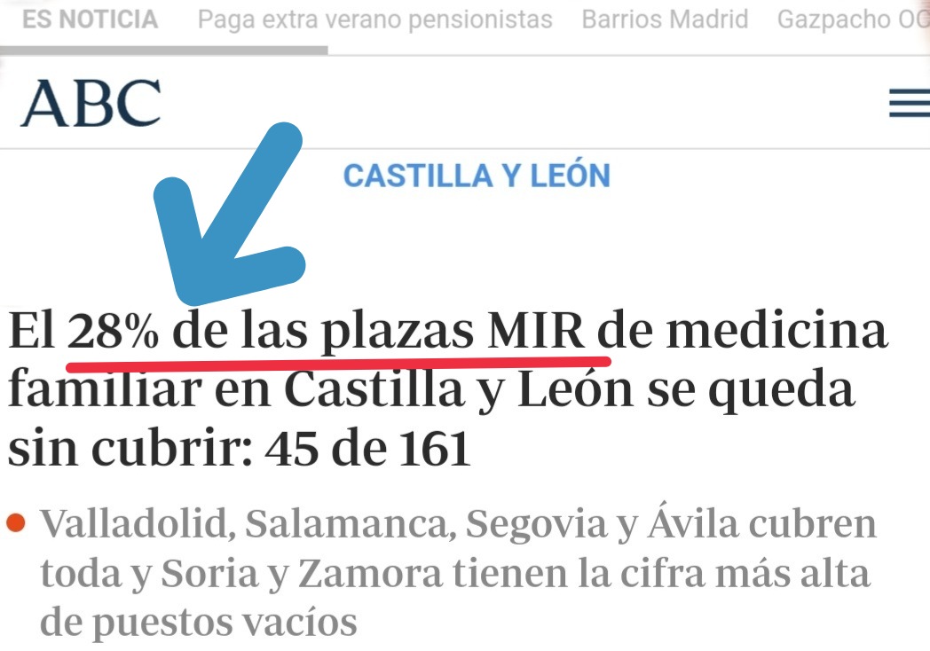 Dos datos TERRIBLES para la #AtenciónPrimaria de #CastillayLeón:

➡️ La MITAD de #médicos de familia se jubilará en 5 años.

➡️ Y casi 30% de plazas #MIR de medicina familiar y comunitaria #MFYC quedan VACANTES porque NADIE las elige [#Soria: 80% plazas sin cubrir, #Zamora: 67%].