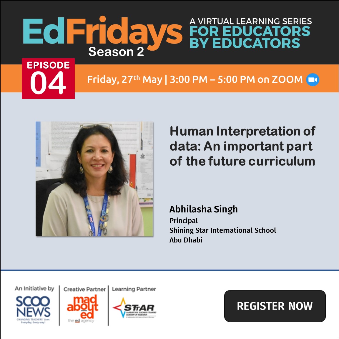 MadAboutEd's tweet photo. We are honoured to have Abhilasha Singh, Principal, Shining Star International School Abu Dhabi as a speaker for #EdFridays #Season2 Episode 4

REGISTER NOW at https://t.co/p6bGRmqlFZ https://t.co/72nS5n6Did
