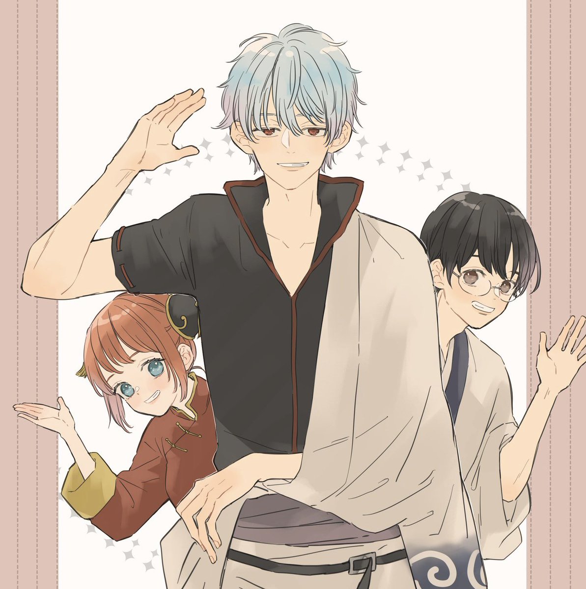 kagura (gintama) ,sakata gintoki 1girl 2boys japanese clothes multiple boys smile glasses black hair  illustration images