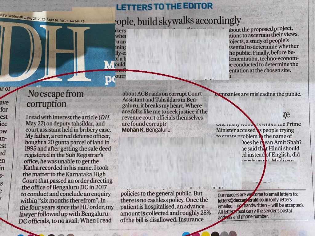 PetitionIssue's tweet photo. My Letter @DeccanHerald 25 May: Where to seek justice in #Bengaluru if Revenue Court Assistants, Tahsildars are corrupt?
@PMOIndia @narendramodi @RAshokaBJP @CMofKarnataka @BSBommai @narendramodi @JPNadda @MittaVamsiBJP @CTRavi_BJP @JManjunathIAS
#rtItBot #bribe #ACB #Karnataka https://t.co/RPkBQAXACH