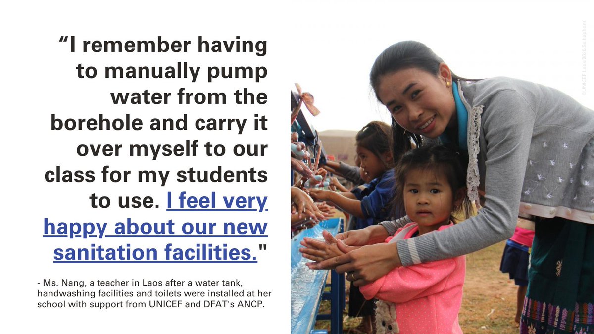 For children to learn safely and grow up healthy, they need more than just books and pencils at school.  
With support from <a href="/AusHumanitarian/">Australia's Humanitarian Coordinator</a>'s #ANCP, Ms. Nang’s students in Laos now have running water, a place to wash their hands, clean toilets &amp; lessons on using the facilities.