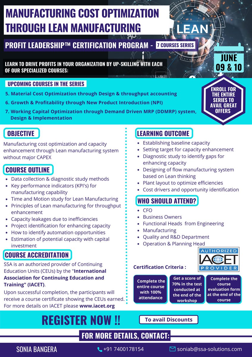 Join us in our training program " Manufacturing Cost Optimization through Lean Manufacturing" part of the Profit Leadership Certification Program.

Register now !! bit.ly/3q1aIYX