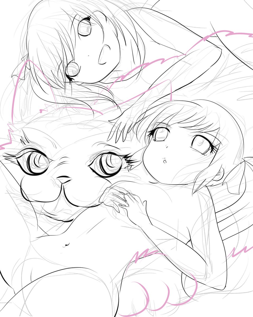 #wip 
#オリジナルキャラクター 
久しぶりにアリアナ、ソリンとそのペットの大きい猫ちゃん描いてます=^_^= 