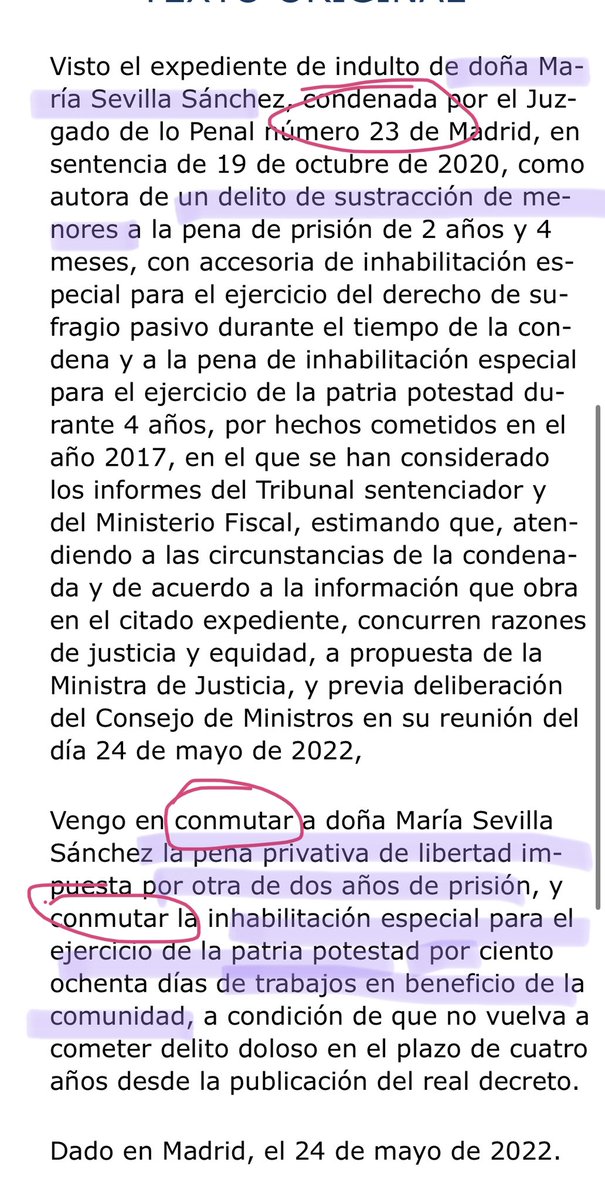 ladycrocs's tweet photo. Hoy se ha publicado en el BOE el indulto a doña María Sevilla, condenada por sustracción de menores.

La pena de prisión de 2 años y 4 meses se la reducen a dos años años.

La pena de inhabilitación para el ejercicio de la patria potestad se la cambian por trabajos en BC. https://t.co/5IXdYIDAIw