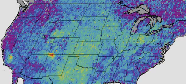 poolpharmacy's tweet photo. Since 2003, the area around #Shiprock #NewMexico (in red) has had the highest levels of methane concentration in the entire country (3.5 times the average). The #MethaneHotSpot is unexplained and not man-made. #EnergyVortex #FourCorners #SanJuanBasin https://t.co/0qpOc6TL1m