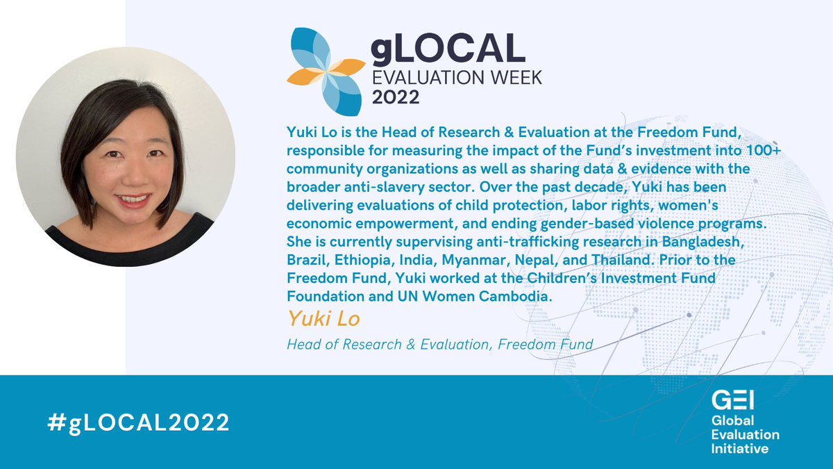 Join <a href="/developmntsolns/">Development Solutions Inc.</a> in a #paneldiscussion on “Using Observational Data to Strengthen Impact Evaluations”  as a part of the <a href="/GEI_GlobalEval/">Global Evaluation Initiative</a> #gLOCAL2022 

On: Wednesday, 1st June 2022 @ 5:30 PM IST

Meet our speakers! (1/n)
<a href="/yukilo/">Yuki Lo</a> from <a href="/Freedom_Fund/">The Freedom Fund</a>