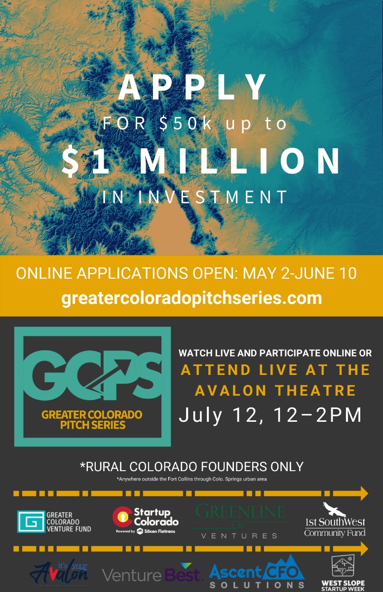 WestSlopeCOTech's tweet photo. This years Greater Colorado Pitch Series is coming up in July! This has been fun and effective event to get $$$ to rural #Colorado startups. 

Apply here 👉https://t.co/tewRccaRJ9 https://t.co/fpjeVHBhKG