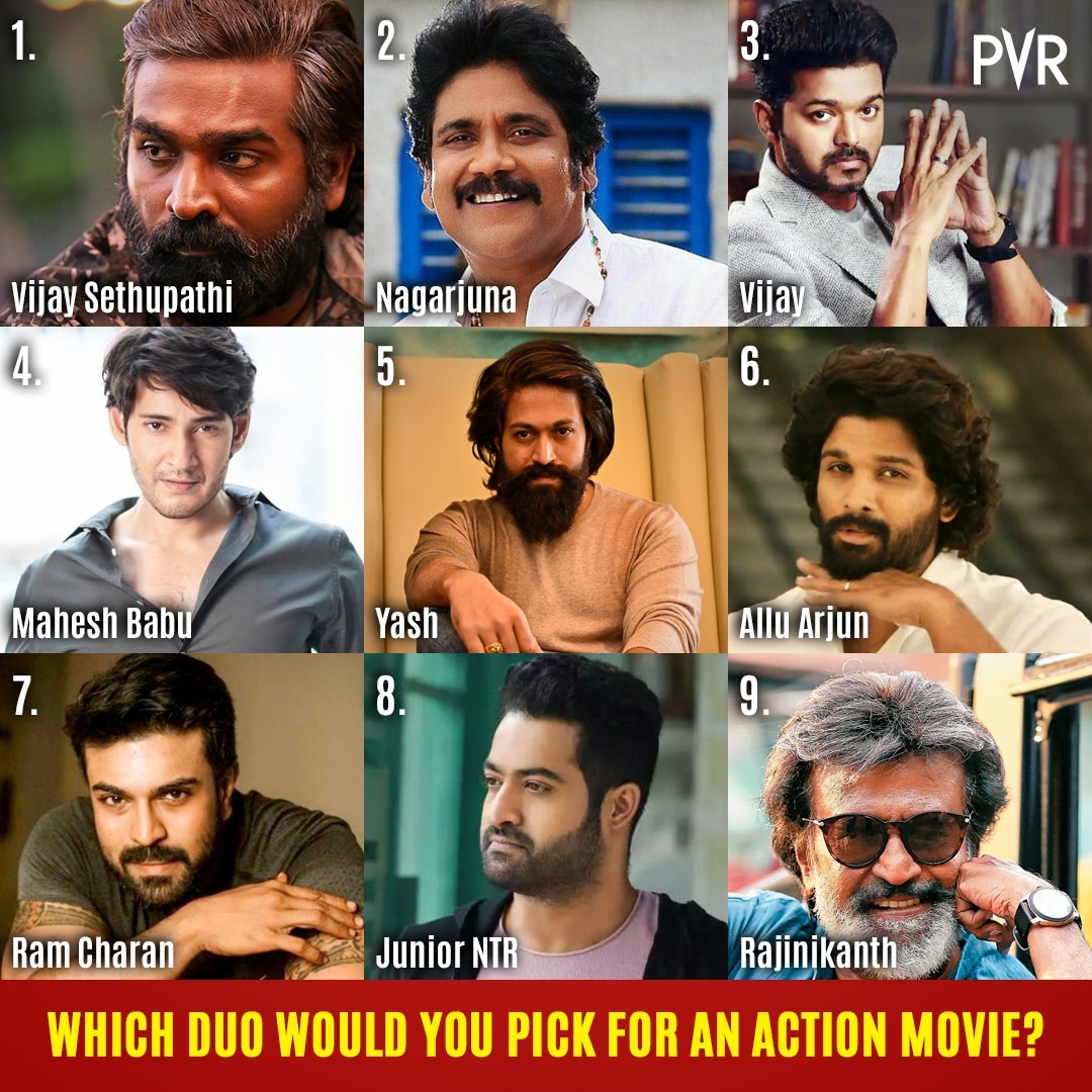 _PVRCinemas's tweet photo. Pick two stars who would be brilliant in action sequences.
.
.
.
#pvr #pvrcinemas #RamCharan #Yash #JuniorNTR #AlluArjun #RRR #KGFChapter2 #Pushpa #Nagarjuna #ThalapathyVijay #Rajnikanth #MaheshBabu #VijaySethupathi #Rajinikanth https://t.co/pUMImCjP5R