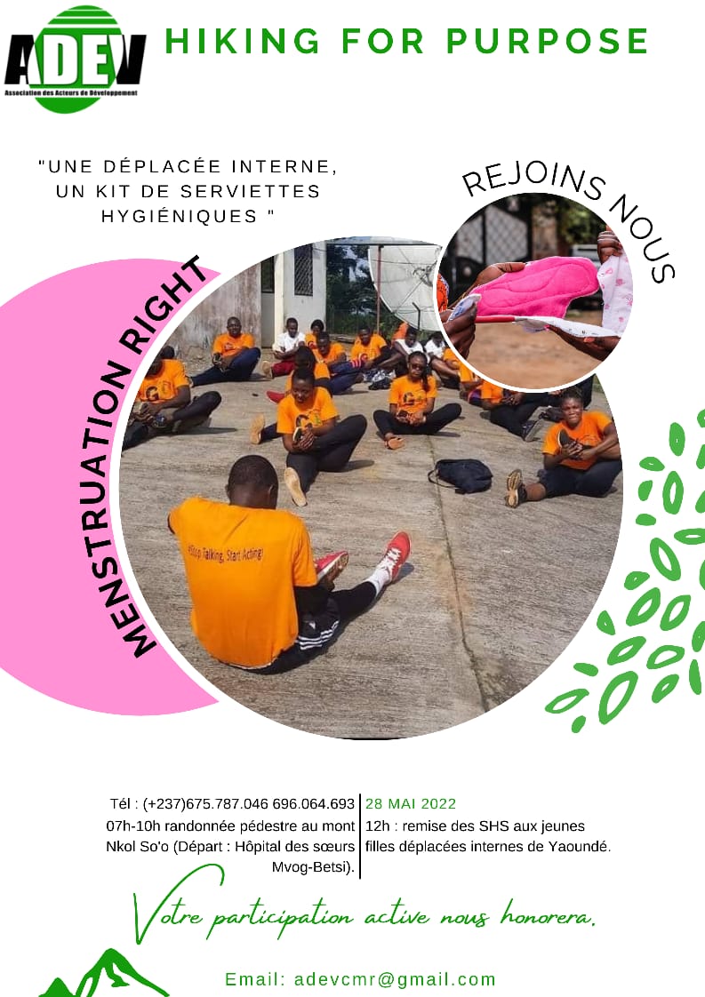 Join us this Saturday 28th for a hike for menstruation. <a href="/whocmr/">WHO Cameroon</a> <a href="/AU_HHS/">AU Health,Humanitarian Affairs&Social Development</a> @AU_WGDD <a href="/IPPFAR/">IPPFAR</a> <a href="/MinsanteCMR/">MinsanteCameroun</a>
<a href="/yadvisory/">AU/IPPFARO YAB</a> <a href="/huguofr/">Kokou S. DJAGADOU</a> <a href="/chante_MKS/">chantal umuhoza</a>  #MHDay2022 #HikeWithPurpose