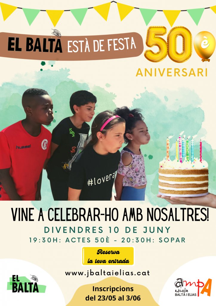 Famílies, falten molt pocs dies per poder celebrar la súper festa de fi de curs del Baltà!  Aquest any, edició especial 50è aniversari: per molts anys, Baltà!!!

Tota la info a ampabalta.cat/2022/05/i-ja-l…