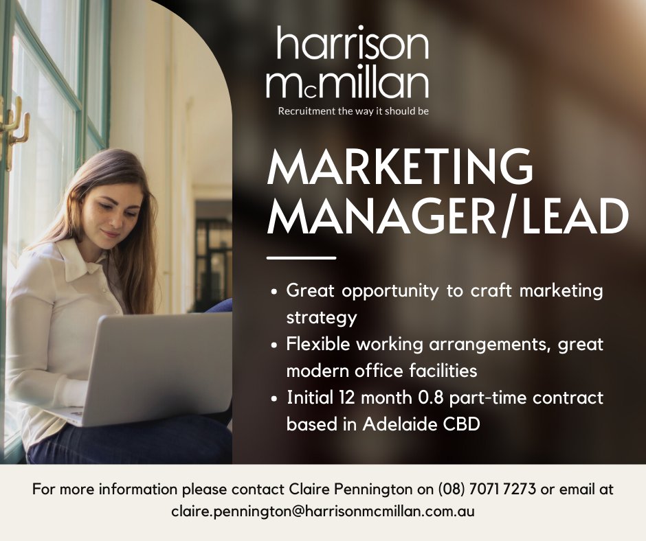 harrymacHR's tweet photo. We have a rare part time opportunity for a Marketing Manager/Lead in a prime Adelaide CBD office! If you would like to find out more information please contact Claire Pennington on (08) 7071 7273 or email her at claire.pennington@harrisonmcmillan.com.au

#Hiring #Sajobs https://t.co/r4Sr6IHkpV