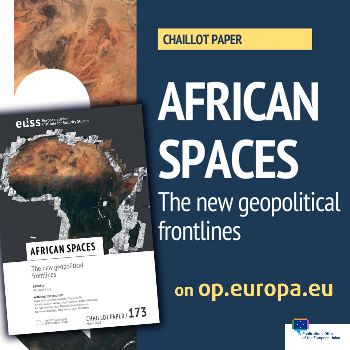 Coverpage of the publication with inlay cover. Title says 'African spaces: The new geopolitical frontlines'. Text also says 'on op.europa.eu'.