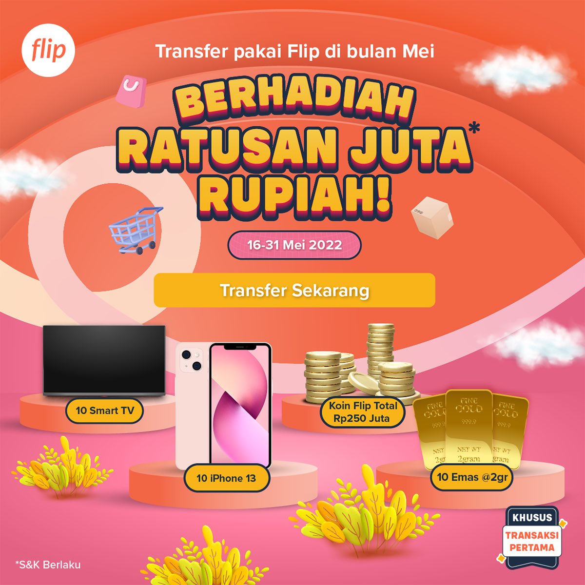 Siapa yg hobinya rebahan?? 

Modal rebahan dapet duit ratusan juta, iphone 13, smart TV &amp; emas!

Flip lagi bagi-bagi hadiah nih buat kamu yang belum pernah melakukan transaksi di Flip.

O’ya Flip tu aplikasi transfer antar bank &amp; top up e-wallet bebas biaya admin. #FlipBuatSemua