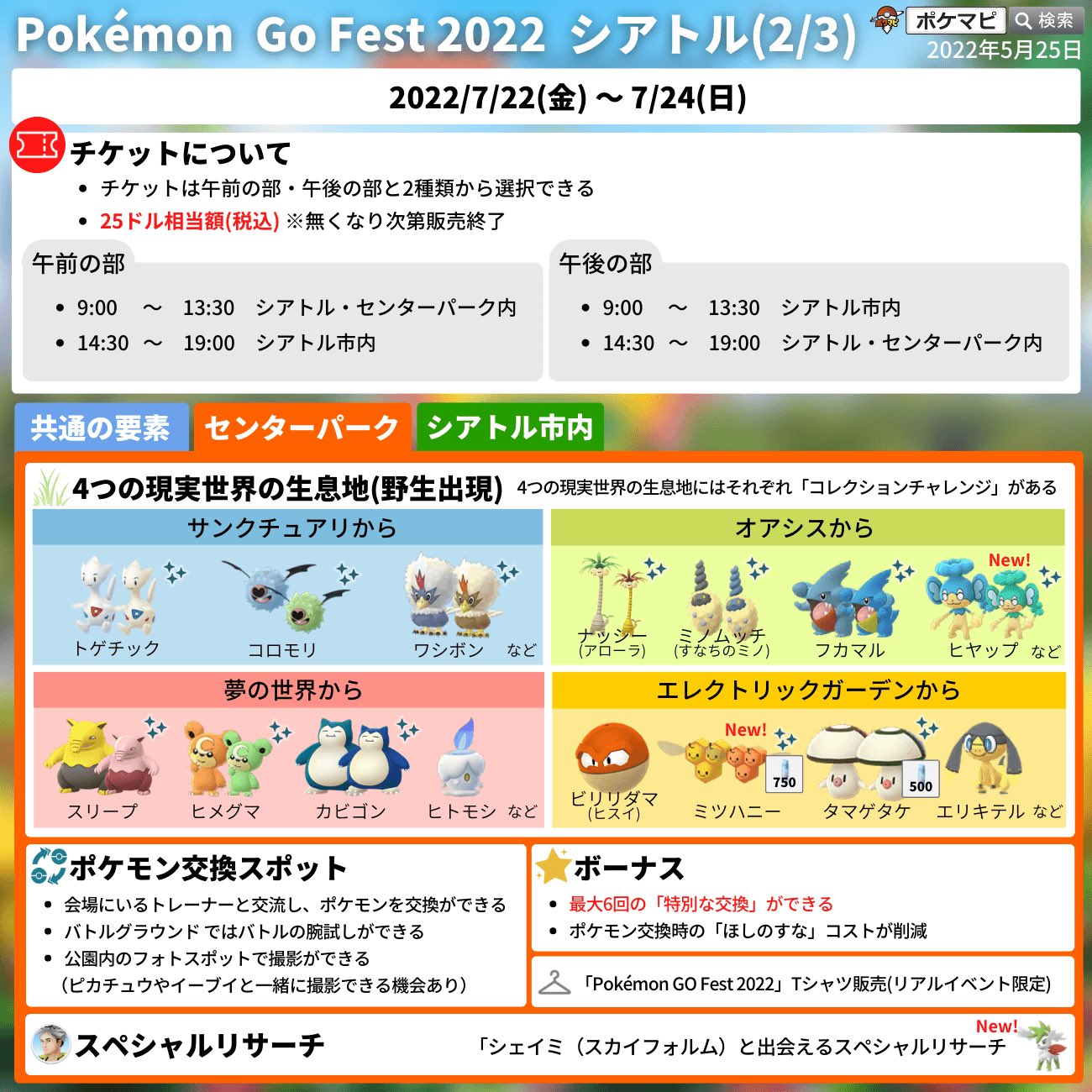 とし V Twitter Pokemon Go Fest 22 シアトル 開催 期間 22 7 22 金 7 24 日 シェイミ スカイフォルム と出会える 初登場ポケモンと出会える 2つのスペシャルリサーチ 色違いのヒヤップ 色違いのミツハニー初登場 開催情報まとめ T Co