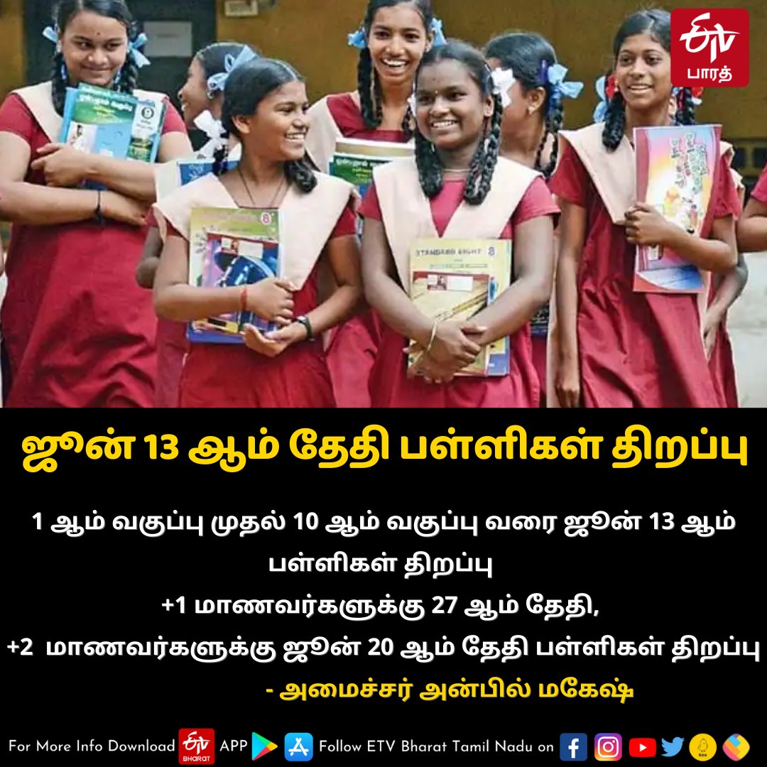 ETVBharatTN's tweet photo. ஜூன் 13 ஆம் தேதி பள்ளிகள் திறப்பு!
#schoolopen #schoolreopen #9thstudent #12student #taminaduschoolopen #ministeranbilmagesh https://t.co/DM34lSETHH
