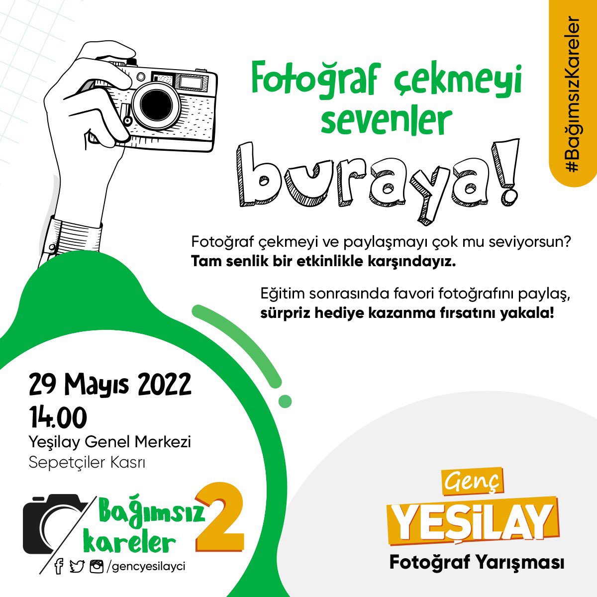 Fotoğraf çekmeyi sevenler buraya ✋🏻🤩
 
#BağımsızKareler Fotoğraf Yarışması'nın ikincisiyle sizlerleyiz 📷🤳🏼✌🏻
 
29 Mayıs Pazar günü Sepetçiler Kasrı’nda gerçekleştirilecek olan etkinliğimizde ilk olarak Temel Fotoğrafçılık Eğitimi’ni gerçekleştiriyoruz🤓