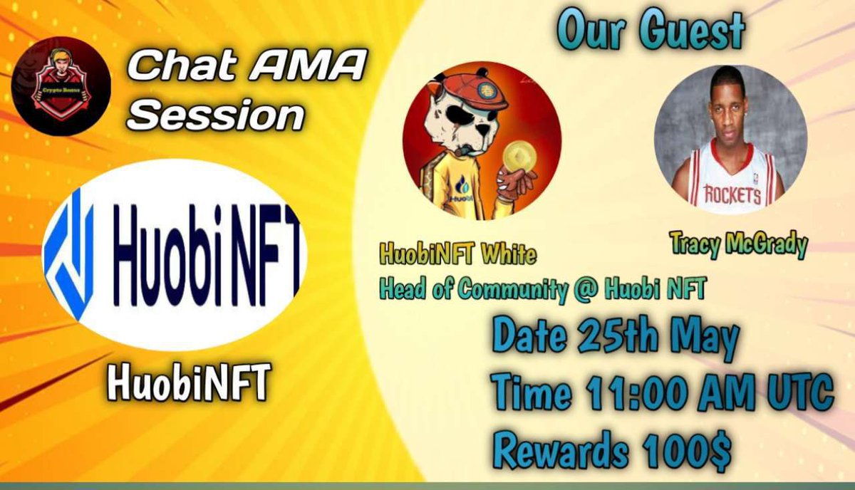 CryptoBonus09's tweet photo. 🎀 #AMA Series With Huobi

🎁 Prize: $100
📆 Date: 25th May 2022 11:00 AM UTC
🏨 Venue: https://t.co/xyovqo9KqY

⚡Rules: 

1️⃣. Follow
@CryptoBonus09
@TheHuobiNFT
2️⃣. Like Retweet &amp; Comment Your Questions ( 5 Questions Max ) Tag 3 Friends. https://t.co/BV8R9Tv8jc