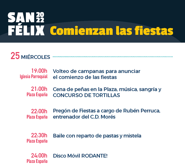 😍 25 de mayo de 2022 ¡¡¡Estamos de vuelta!!! #sanfélix2022
😏 ¡Prepara tus mejores galas que volvemos con muchas ganas!

🎙 ¡A las 22.00 pregón a cargo del míster del <a href="/cdmores/">ᴄʟᴜʙ ᴅᴇᴘᴏʀᴛɪᴠᴏ ᴍᴏʀés ⚽️🥅</a>, Ruben Perruca!

Tic, tac, tic, tac, tic, tac..
