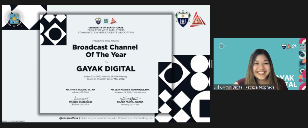 ustcasaofficial's tweet photo. 10TH AWARD: Broadcast Channel of the Year
One of the production managers, Ms. Patrizia Noprada, is called on to deliver her acceptance speech on behalf of their production house.
#EmpowerThroughCASA
#StreamCon2022
#RedefiningCreativity https://t.co/4rnkfylVky