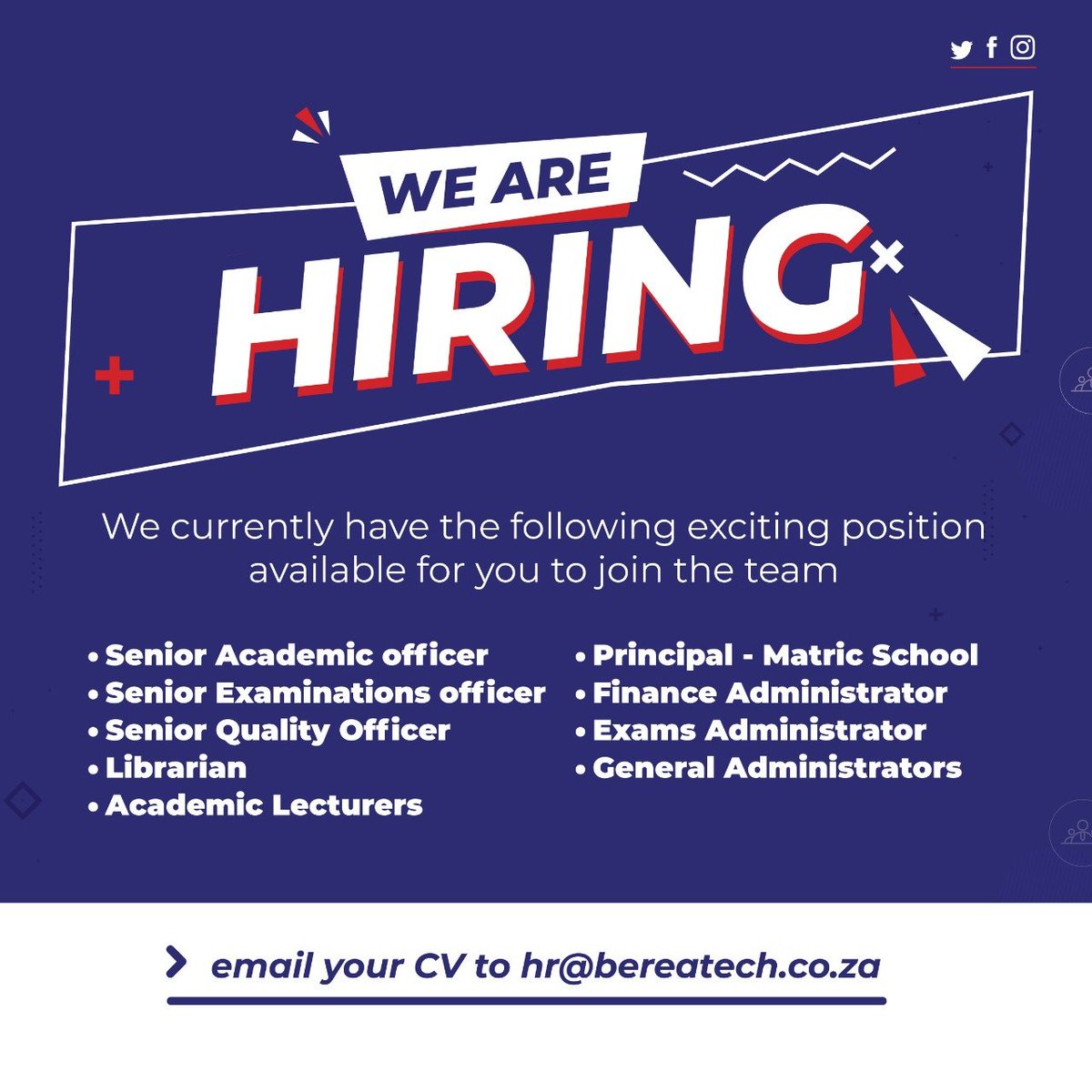 Berea_Tech's tweet image. We are HIRING! Join #DurbansNo1 Private Education Provider!

Positions currently available:
1. Principal Matric School
2. Senior Academic Officer
3. Senior Quality Officer
4. Librarian
5. Academic Lecturers
6. Finance Administrator
7. Exams Administrator
8. General Administrators