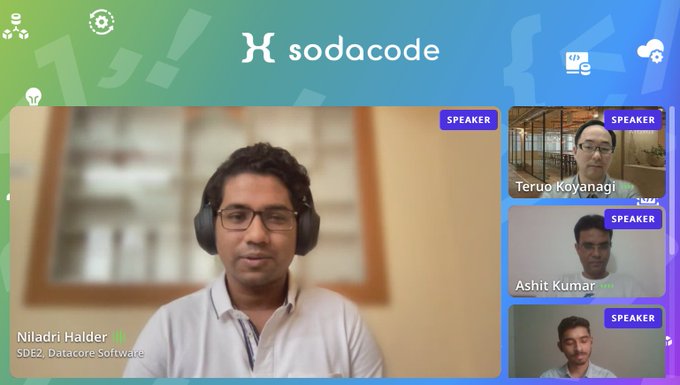Welcome Back!
Day 1 #paneldiscussion: #SODACODE hackers experience sharing by <a href="/ashit_kumar10/">Ashit</a>, Nikita Pande, Niladri Halder, <a href="/sushnag22/">Sushruth Nagaraj</a>, <a href="/amartya_mahato/">Amartya Mahato</a>, and Teruo Koyanagi
Let's hear out how they approached the SODCODE contributions and challenges. 
sodafoundation.airmeet.com/e/b5d8c540-aee…