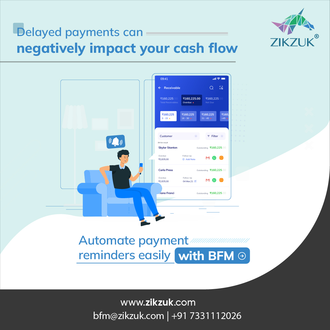 zikzukindia's tweet photo. Top reason for a business’s poor cash flow is late payments, which can be a ‘silent killer’ for a startup. Automate payments reminders with #BFM & get 20% faster customer payments.
Get BFM today!
https://t.co/tzr8UKZxM6
.
.
#zikzuk #SME #tallyonmobile #automaticpaymentreminder https://t.co/48ttaQr14E