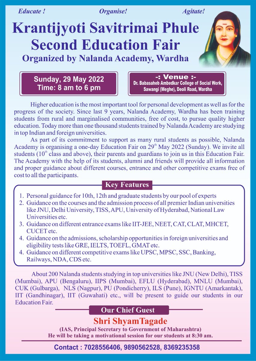 Nalanda_Wardha's tweet photo. Krantijyoti Savitrimai Phule second Education Fair organised by Nalanda Academy Wardha. On Sunday 29th May, 2022 time morning 8 to 6 pm. Venue: Dr. Babasaheb Ambedkar college of Social Work, Sawangi Meghe, Deoli Road, Wardha. 

Please do attend. #Jaibhim https://t.co/X5RFokAAnq
