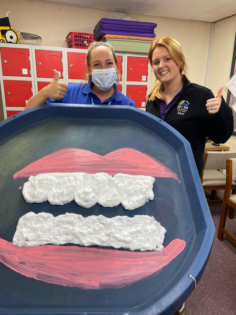 BDCFToralhealth's tweet photo. Ruth visited Shibden head day nursery and they are supporting national smile month by creating a big smile for children to get messy with! Excellent idea!  And todays top tip: Use a fluoride toothpaste twice a day to help reduce decay😁 @smilemonth @BDCFT https://t.co/UyTjg2whYa