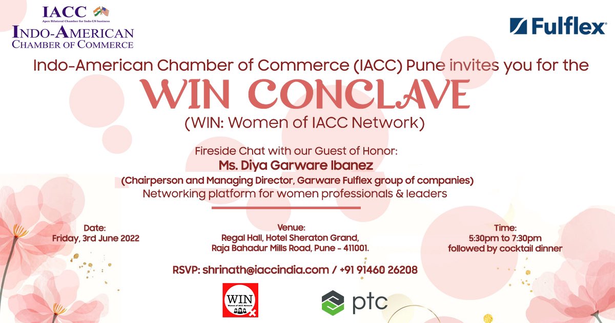 iaccindia's tweet photo. IACC cordially invites you all for the WIN Conclave, a networking platform for women professionals and leaders, scheduled on 3rd June, 2022 at Regal Hall, Hotel Sheraton Grand, Pune. Register now by emailing our RSVP Shrinath Shelar at shrinath@iaccindia.com. https://t.co/3DWIUCypPJ
