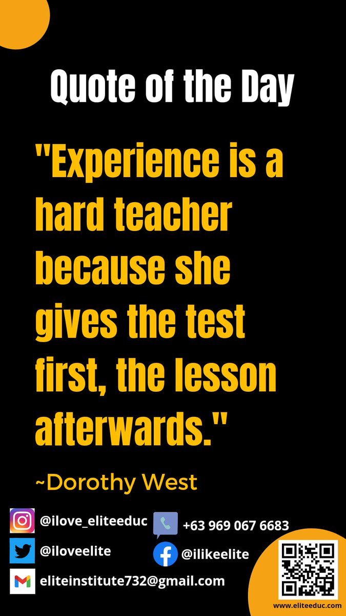 iloveelite's tweet image. Experience is the best teacher. Everything you have learned is an accumulation of your experiences that has turned to become your knowledge and skills.

The more you earn more experience, the better you will develop your wisdom.

#experienceisthebestteacher
#learnbyexperience