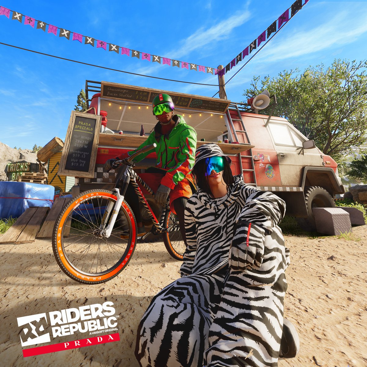 Prada's tweet photo. What’s on the menu? A stylish #Prada look for any occasion.

For #RidersRepublicxPrada, Prada and @Ubisoft continues to explore their pioneering partnership and keeps integrating #PradaLineaRossa into the outdoor sport playground of @RidersRepublic.
Stay tuned. https://t.co/J0Mx1M7OgI
