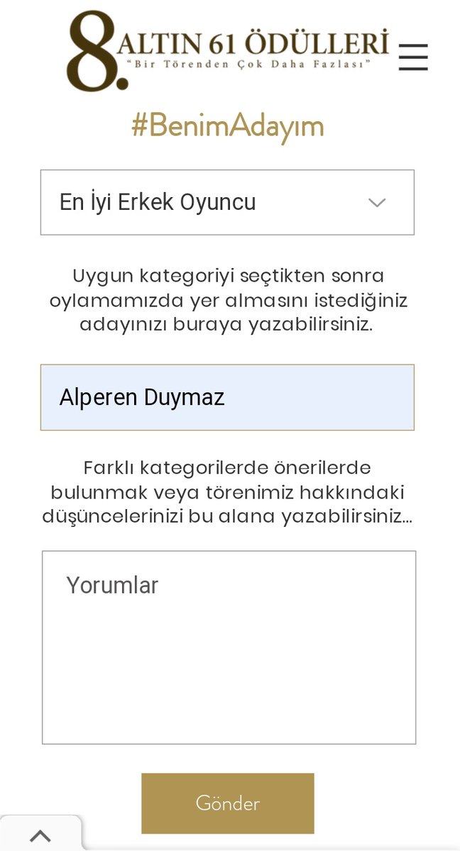 8. Altın 61 Ödüllerinde Aday Gösterme Süreci Başladı. 'En İyi Erkek Oyuncu' kategorisini seçerek #AlperenDuymaz 'ı aday gösterebilirsiniz. 👇LİNK 👇 altin61odulleri.com/basvuru