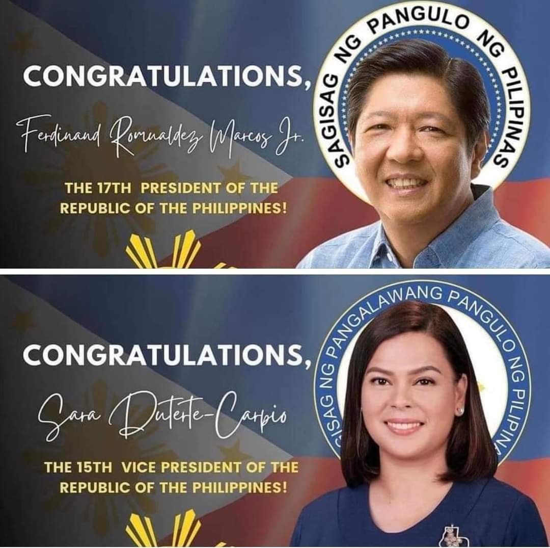 PayterEvolution's tweet photo. Congratulations to us BBM SARA FAM 

President Elect - @bongbongmarcos
Vice President Elect - Mayor Inday Sara Duterte

Go Make us Proud in the next 6 Years

#BBMSARA2022
#CongratsPresidentBBM https://t.co/Lp0bupLLtY