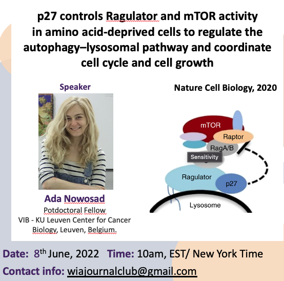 WAutophagy's tweet photo. This June we have an exciting Journal Club...@AdaNowosad will be presenting her amazing work in p27 controlling mTOR activity! Registration and more info: wiajournalclub@gmail.com
@swathy_krishna_ @Mestre_Lab @PAMEMATTAR @olatzpampliega #WomenInScience #WomenInSTEM https://t.co/cE9SRk7sOv